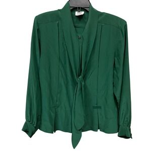 Clio for Nordstrom Vintage 100% Silk Tie Neck Blouse Emerald Green Pintuck Sz 12
